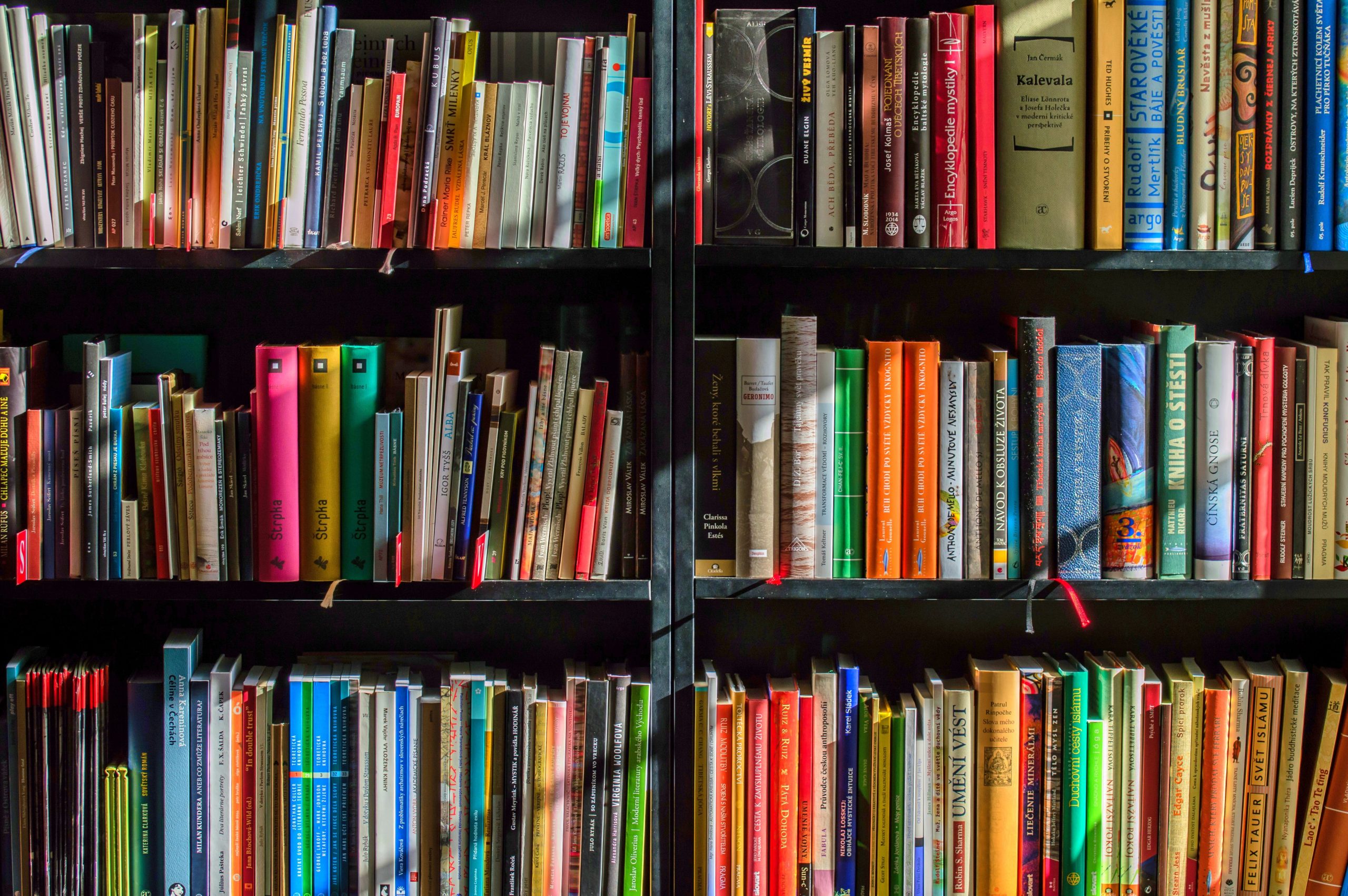 A close-up of a bookshelf filled with colorful books.
