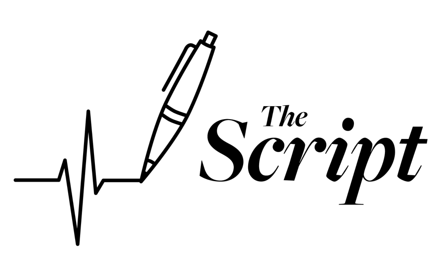 This image shows the words "The Script" in Black with an EKG line written from a pen