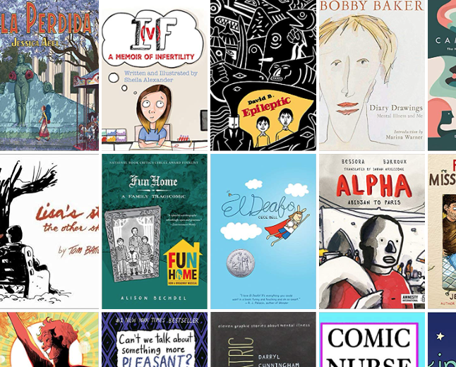 A collage of 15 graphic novel covers displayed in a grid layout. Each cover has distinct artwork and designs.