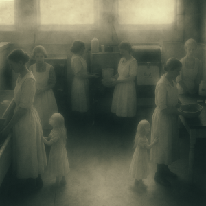 A dimly lit, vintage-style kitchen scene with a hazy, dreamlike atmosphere. Several women in white dresses and aprons are gathered around sinks and counters, preparing food or washing dishes. Two small blonde girls in matching light dresses stand beside the women, one holding onto a woman’s skirt. Soft light filters through fogged windows in the background, giving the image an ethereal, almost ghostly quality.