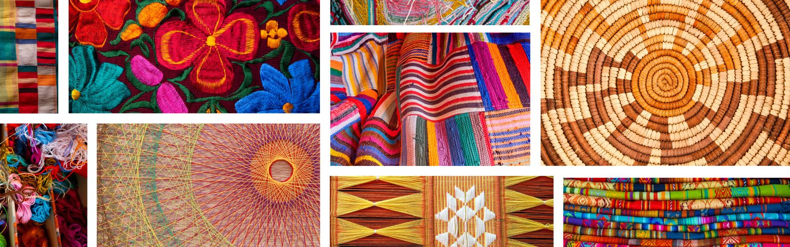 A collage of colorful woven and embroidered textiles. Patterns include vibrant floral embroidery, striped fabrics, concentric woven basket designs, and geometric thread art. Bright threads and folded fabrics highlight diverse weaving and stitching traditions, emphasizing connection and creativity.